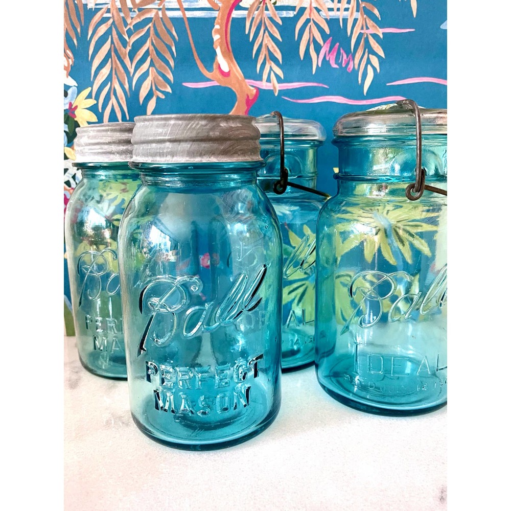Antique Ball Jars. Set of 4. Aqua.